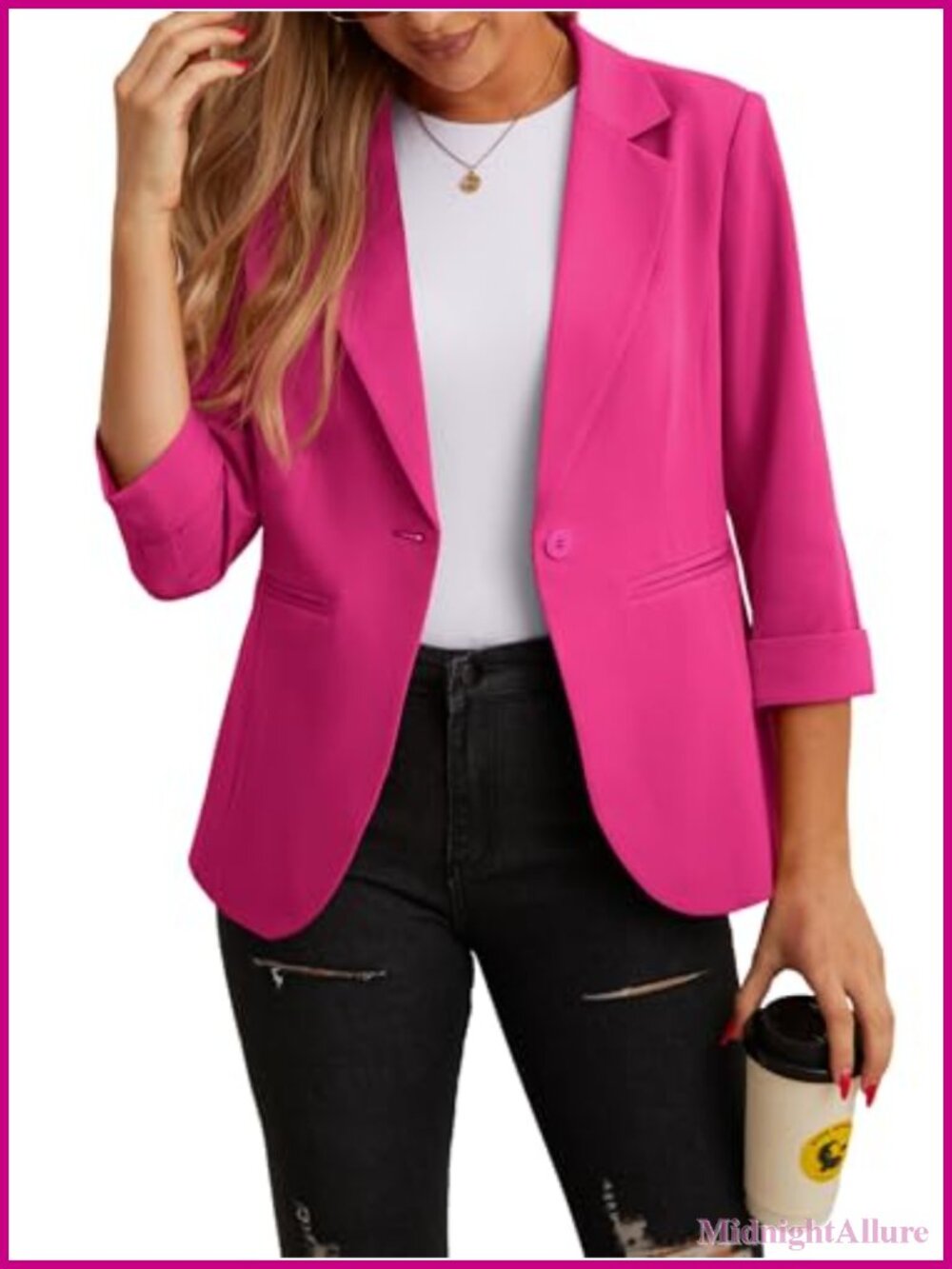 Women's Blazer 3/4 Sleeve Lapel Button Front Suit Jacket Business Casual